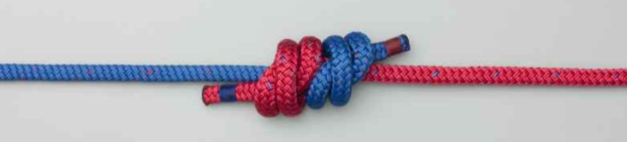 Two ropes, one red and one blue, joined in a knot